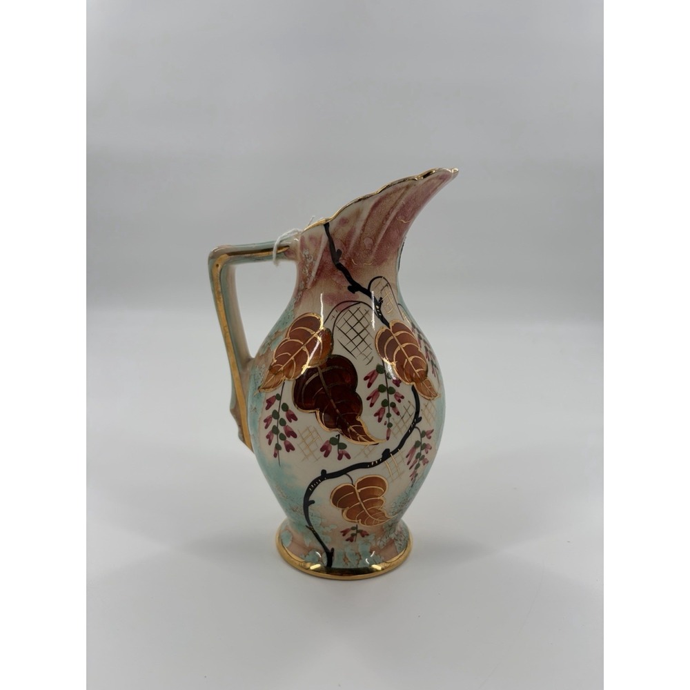 Vintage Flora Gouda Holland Pitcher Vase Hand Painted Art Pottery Gold Trim